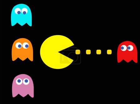 Téléchargez les photos : Illustration vectorielle de thème de jeu Pac-Man. Jeu PC rétro avec des personnages de Pac-Man, Pinky, Blinky, Inky et Clyde - en image libre de droit
