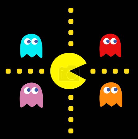Téléchargez les photos : Pac-Man avec ses ennemis thème de jeu illustration vectorielle. Jeu PC rétro avec des personnages de Pac-Man, Pinky, Blinky, Inky et Clyde - en image libre de droit