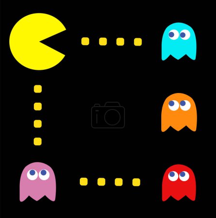 Téléchargez les photos : Pac-Man avec ses ennemis vintage thème de jeu d'ordinateur, illustration vectorielle. Jeu PC rétro avec des personnages de Pac-Man, Pinky, Blinky, Inky et Clyde - en image libre de droit