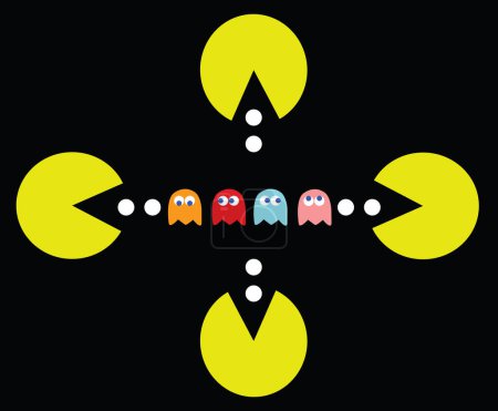 Foto per Pac-Man circonda i suoi nemici. Retro gioco tema vettoriale illustrazione. Gioco per computer con personaggi isolati su sfondo nero - Immagine Royalty Free