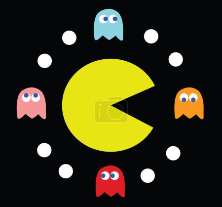 Téléchargez les photos : Illustration vectorielle de thème de jeu Pac-Man. Jeu PC rétro avec des personnages de Pac-Man, Pinky, Blinky, Inky et Clyde - en image libre de droit
