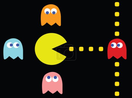 Téléchargez les photos : Illustration vectorielle des embouteillages Pac-Man. Jeu PC rétro avec des personnages de Pac-Man, Pinky, Blinky, Inky et Clyde - en image libre de droit