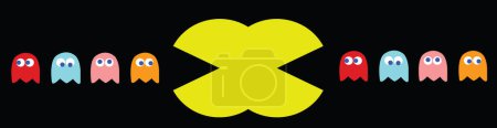 Téléchargez les photos : Double illisibilité Pac-Man. Jeu PC rétro avec des personnages de Pac-Man, Pinky, Blinky, Inky et Clyde - en image libre de droit