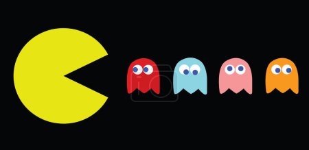 Téléchargez les photos : Illustration vectorielle Pac-Man. Jeu PC rétro avec des personnages de Pac-Man, Pinky, Blinky, Inky et Clyde - en image libre de droit