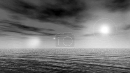 Foto de Amanecer mágico en el otro mundo, amanecer futurista rojo en algún lugar del espacio profundo, ilustración 3D - Imagen libre de derechos