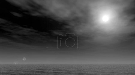 Night sky and sea background, full moon light, 3D illustration of a natural ocean, gloomy background