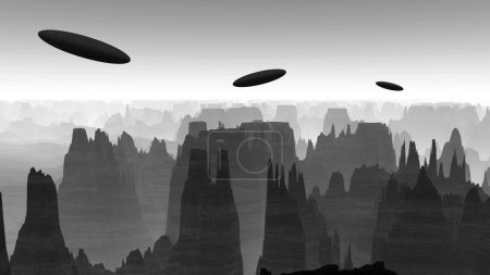 Foto de Tres naves espaciales alienígenas volando sobre montañas, fondo de ilustración de ficción - Imagen libre de derechos