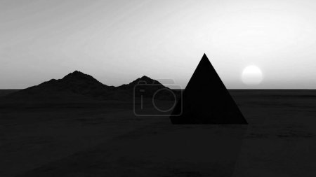 Pyramid and mountains in the rays of sunset. 3D illustration