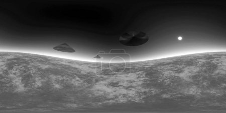 Foto de Ilustración OVNI surrealista, representación 3D de fondo de paisaje desconocido - Imagen libre de derechos