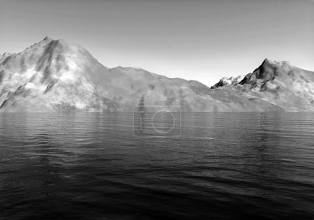 Montañas paisaje y mar 3D ilustración, arenales y agua
