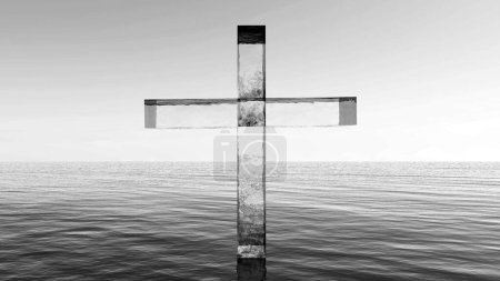Glass cross standing in the sea. Christian 3D illustration