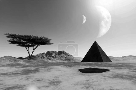 Pirámide volando sobre tierra desierta de planeta desconocido, ilustración 3D
