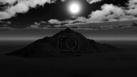 Montaña en luces de sol surrealista, imagen conceptual infernal. Visualización de ilustración 3D