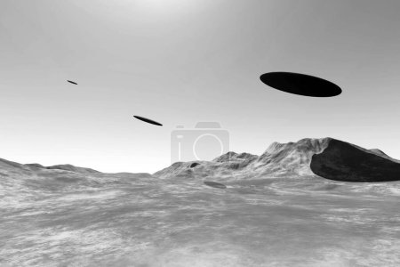 Foto de Naves espaciales extraterrestres OVNI volando sobre las montañas a la luz del día. Ilustración en 3D de tres objetos voladores no identificados - Imagen libre de derechos