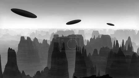 Téléchargez les photos : Trois vaisseaux spatiaux extraterrestres survolant les montagnes, fond d'illustration de fiction - en image libre de droit