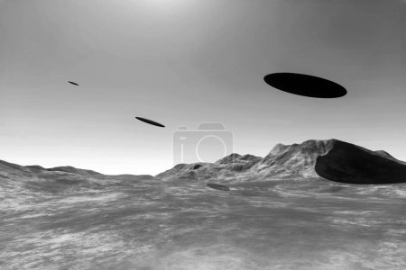 Téléchargez les photos : OVNI vaisseaux spatiaux extraterrestres survolant les montagnes à la lumière du jour. Illustration de rendu 3D de trois objets volants non identifiés - en image libre de droit