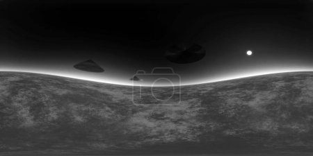 Foto de Ilustración OVNI surrealista, representación 3D de fondo de paisaje desconocido - Imagen libre de derechos