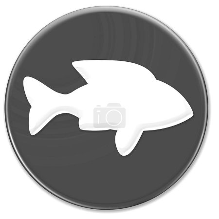 Fish sign on a blue glassy button isolated over white background