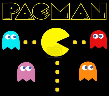 Illustration for Pac-Man with his enemies vintage game theme - Royalty Free Image