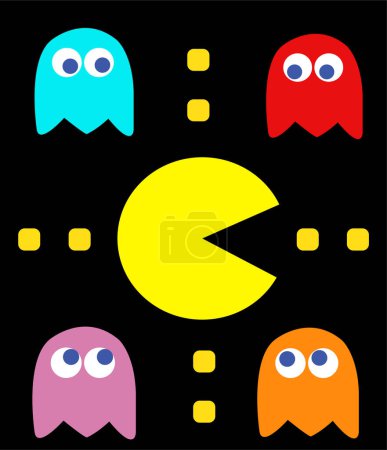 Ilustración de Pac-Man con sus enemigos vintage juego - Imagen libre de derechos