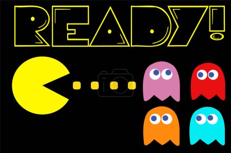 Ilustración de Pac-Man con sus enemigos tema del juego vintage - Imagen libre de derechos