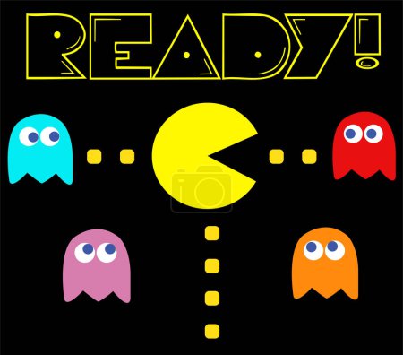 Ilustración de Pac-Man con sus enemigos tema del juego vintage - Imagen libre de derechos
