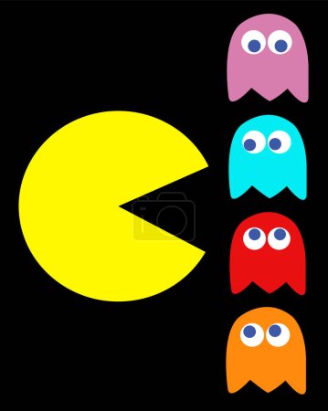 Ilustración de Pac-Man con sus enemigos vintage juego - Imagen libre de derechos