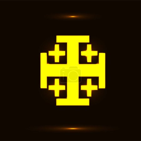 Illustration for Golden Jerusalem cross symbol over black background. Glowing cross icon vector illustration - Royalty Free Image