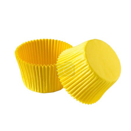 Illustration for Yellow paper cupcake forms for baking isolated over white background, muffin forms object photography, confectionery baking forms clipart - Royalty Free Image