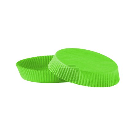 Grüner Papier Cupcake Formen zum Backen isoliert über weißem Hintergrund, Muffin Formen Objektfotografie, Süßwaren Backformen Cliparts