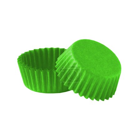 Green paper cupcake forms for baking isolated over white background, muffin forms object photography, confectionery baking forms clipart