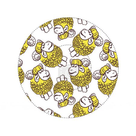 Placa con patrón de carneros para fines decorativos aislados sobre fondo blanco, ilustración. Texturizado icono redondo, muffins círculo o cupcakes forma plantilla con adorno