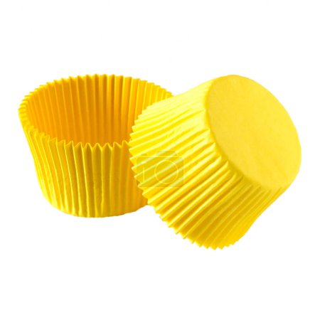 Yellow paper cupcake forms for baking isolated over white background, muffin forms object photography, confectionery baking forms clipart