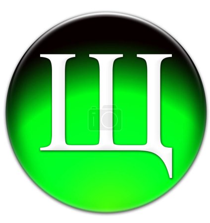 Buchstabe "sh" in russischer Zeit neue römische Schriftart auf einem grünen glasigen Knopf isoliert auf weißem Hintergrund