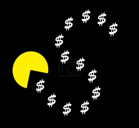 Silueta Pac-Man comiendo pequeños signos de dólar, revisión de juegos retro
