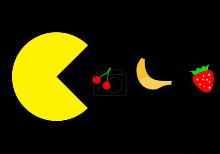 Vegetariano Pac-Man comiendo fruta, ilustración famosa del tema del videojuego
