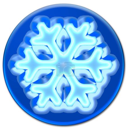 Snowflake illustration on a blue glassy button isolated over white background