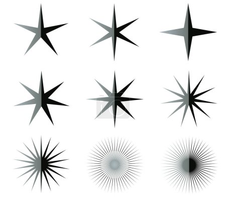 Schwarz-weiße Sterne Illustrationsset, isoliert über weißem Hintergrund. glasige Star-Ikonen