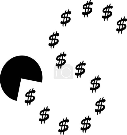 Pac-Man silhouette eating little dollar signs, retro game thematic vector illustration