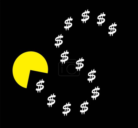 Pac Man eating small dollar signs, retro games review vector illustration