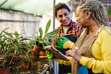 Téléchargez les photos : Heureuses femmes multiraciales travaillant ensemble dans les plantes et les fleurs magasin de jardin - en image libre de droit