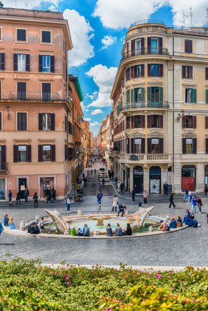 Photo for ROME - APRIL 14, 2021: The Fontana della Barcaccia, iconic landmark in Piazza di Spagna, one of the most visited squares in Rome, Italy - Royalty Free Image
