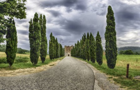 Téléchargez les photos : CHIUSDINO, ITALIE - 22 JUIN : Route panoramique parsemée de cyprès, qui mène à l'abbaye emblématique de San Galgano, dans la ville de Chiusdino, dans la province de Sienne, en Italie, le 22 juin 2019 - en image libre de droit