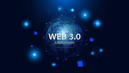 Ilustración de Resumen de la tecnología mundial blue dots moderno concepto web 3.0 es el libre acceso a la información o servicios sin intermediarios para el control y la censura y blockchain en segundo plano. - Imagen libre de derechos