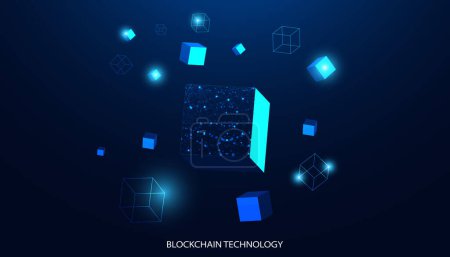Illustration for Abstract Square Box Concept Digital Technology Futuristic Modern Cryptocurrency Blockchain Connection Network On blue Background - Royalty Free Image
