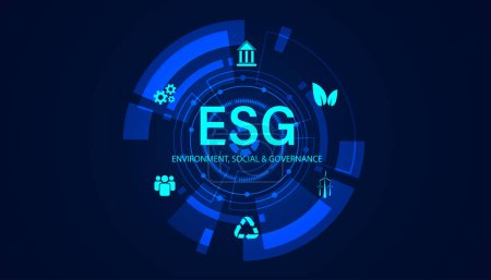 Téléchargez les illustrations : Technologie abstraite concept futuriste ESG icône cercle numérique infographie sur fond bleu moderne - en licence libre de droit
