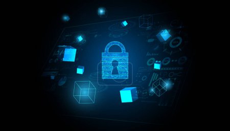 Illustration for Abstract Padlock Cyber Security Blockchain Hack Prevention By blockchain, security, on blue background, futuristic - Royalty Free Image