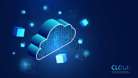 Ilustración de Nube abstracta, almacenamiento de datos en línea, en la red, en el sistema blockchain. alta seguridad En un fondo azul - Imagen libre de derechos