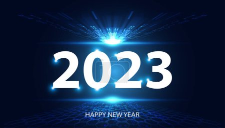 Téléchargez les illustrations : Résumé Bonne année 2023 perspective de la lumière vers l'avant sur fond bleu numérique futuriste espace high-tech moderne - en licence libre de droit
