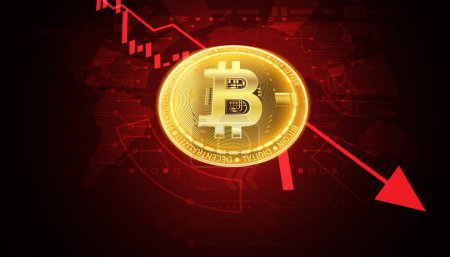 Résumé, graphiques Bitcoin chute, et le monde numérique boursier crash finance trading change Crypto-monnaie chute graphique rouge ou ours marché sur fond rouge futuriste numérique